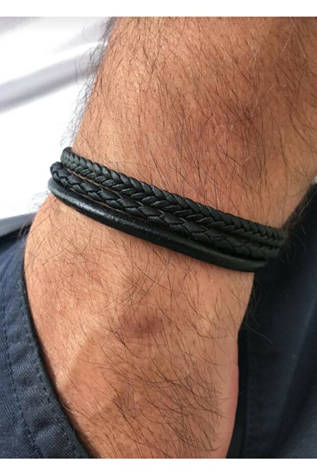 3 Row Black Braided Leather Bracelet