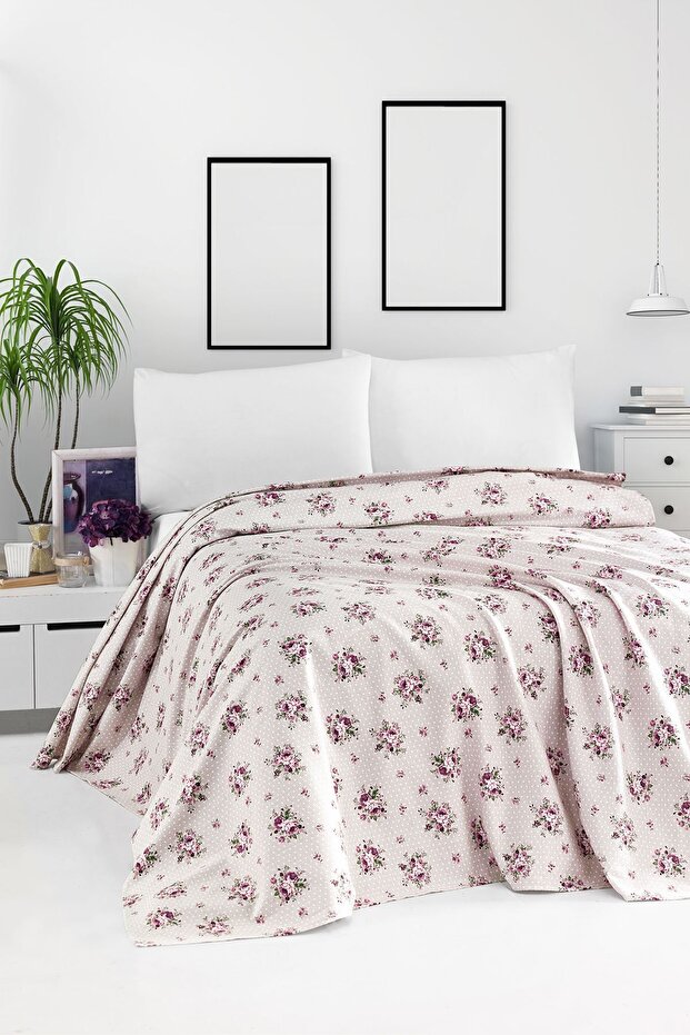 100% Cotton Moly Beige Purple Pique Double - 200X230 cm