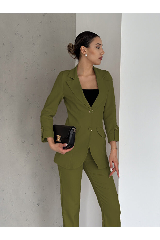 Khaki Folded Sleeve Detail Blazer Jacket and Carrot Cut Pants Atlas Woven Fabric Suit