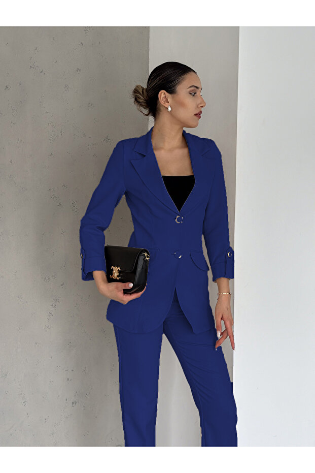 Navy Blue Folded Sleeve Detail Blazer Jacket and Carrot Cut Trousers Atlas Woven Fabric Suit