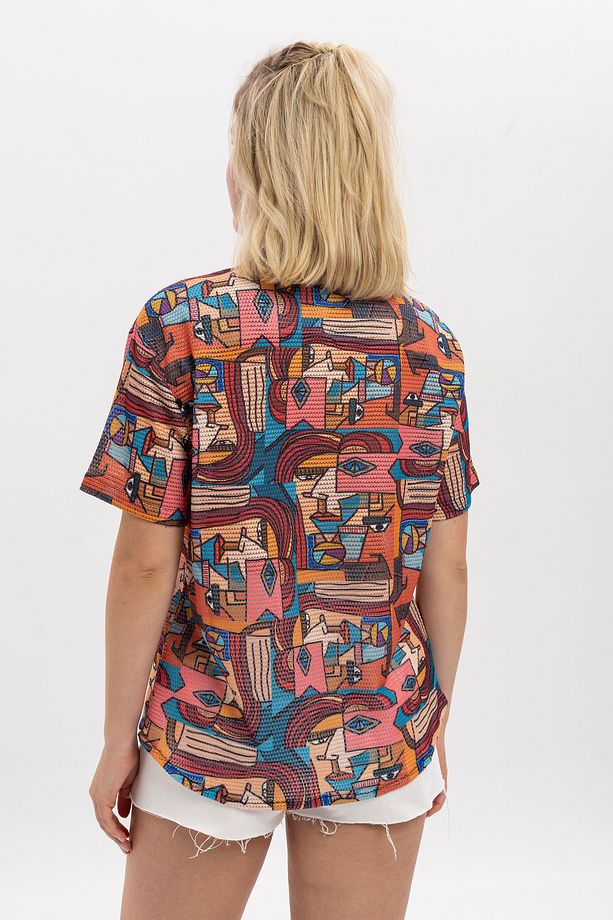 Kadın Picasso Desenli %100 Polyester Örme Kısa Kollu Gömlek - 5