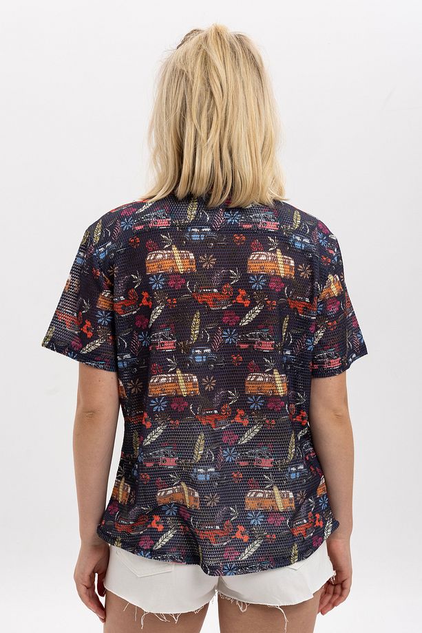 Kadın Retro Karavan Desenli %100 Polyester Örme Kısa Kollu Gömlek - 5