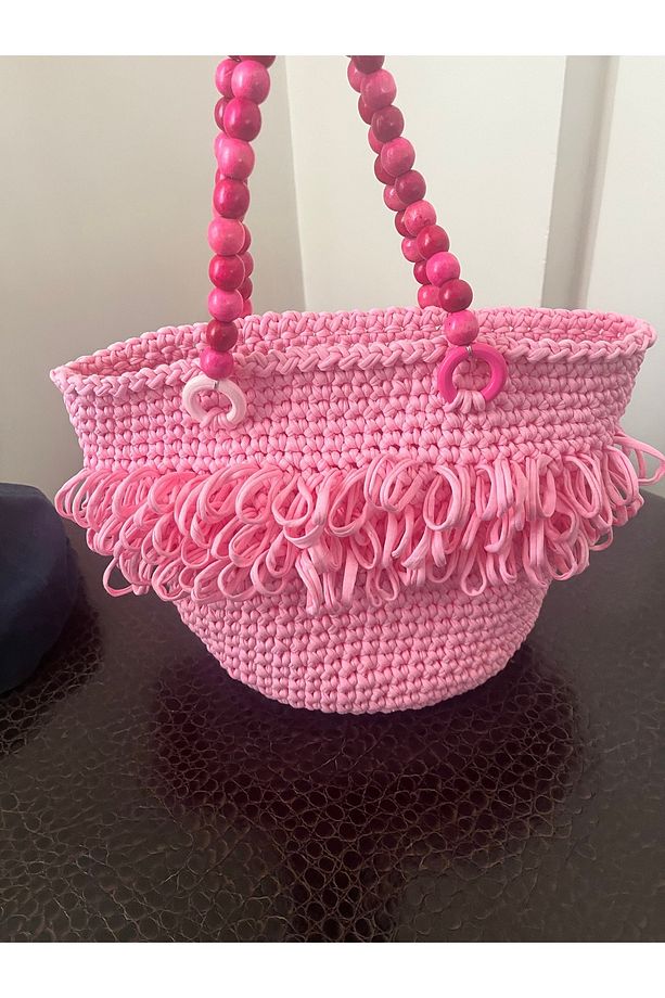 Pembe Penye İp El Yapımı Çanta, Tahta Boncuk Askı, Gül Desenli Astar - 3