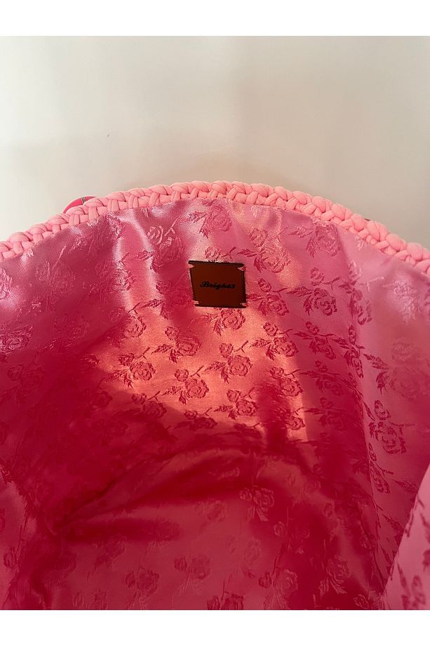 Pembe Penye İp El Yapımı Çanta, Tahta Boncuk Askı, Gül Desenli Astar - 4