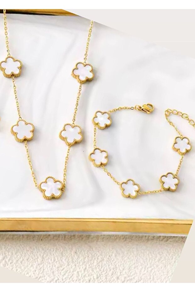 Çelik yonca model kolye bileklik seti - 1