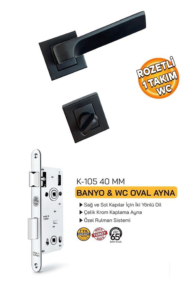 DİKMEN Paslanmaz Çelik Mat Siyah Kare Rozetli WC Kapı Kolu ve Şahsuvar WC Kapı Kilidi 40 MM (SET) - 1