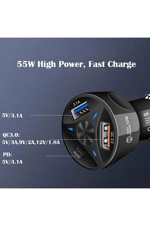 Araç Çakmaklık Şarjı - Type C Şarj Aleti - Usb Şarj - 55w Araba Çakmak Soket Şarj - Çakmak Şarj - 4