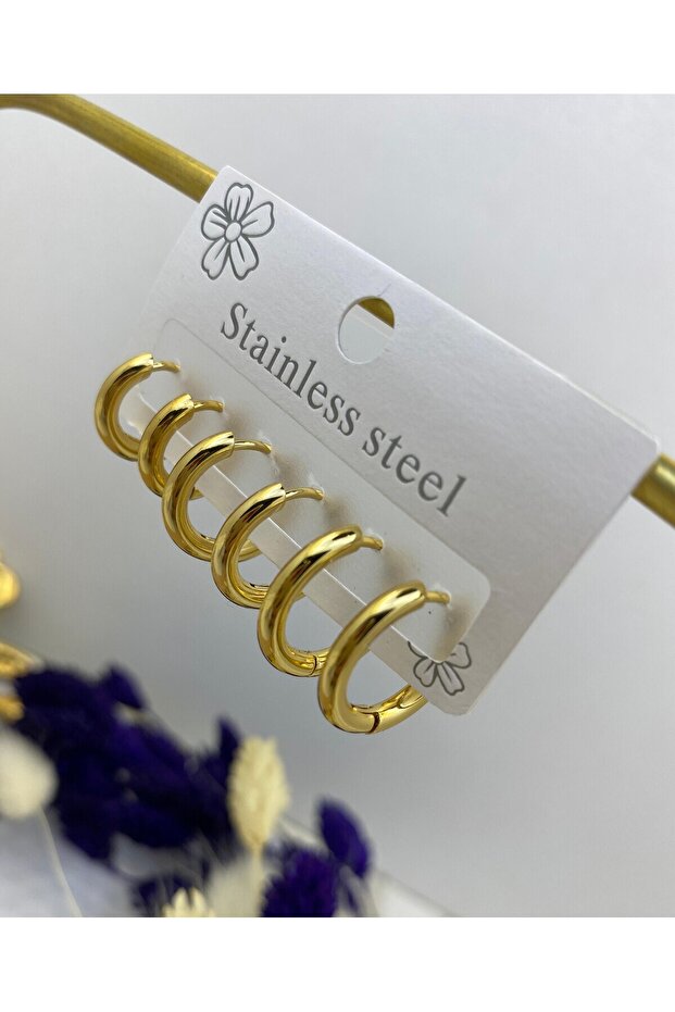 316L SURGICAL STEEL THICK 6 PIECES 3 PAIRS 3 SIZE HOOP EARRINGS SET