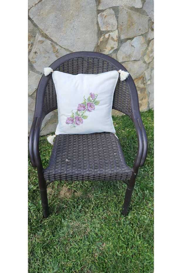 Kanaviçe İşlemeli Buldan İşi Kırlent Kılıfı 40cm x 40cm,Tek Kılıf,Mor Gül Desenli - 6