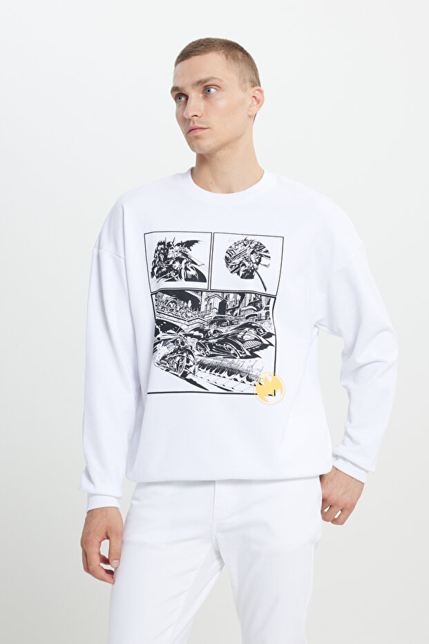 White Batman Licensed 3 Thread Men's Sweatshirt - Loose Fit, Loose Fit, Cotton, Crew Neck