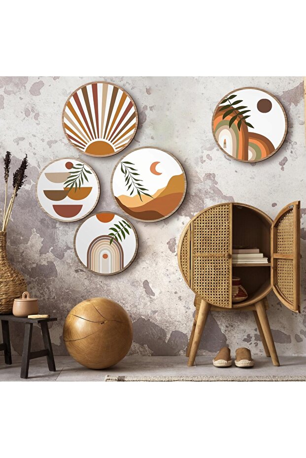 Dekoratif Çiçeçekler Mdf 5 Parça Çerçeve Görünümlü Daire Tablo Set - 2
