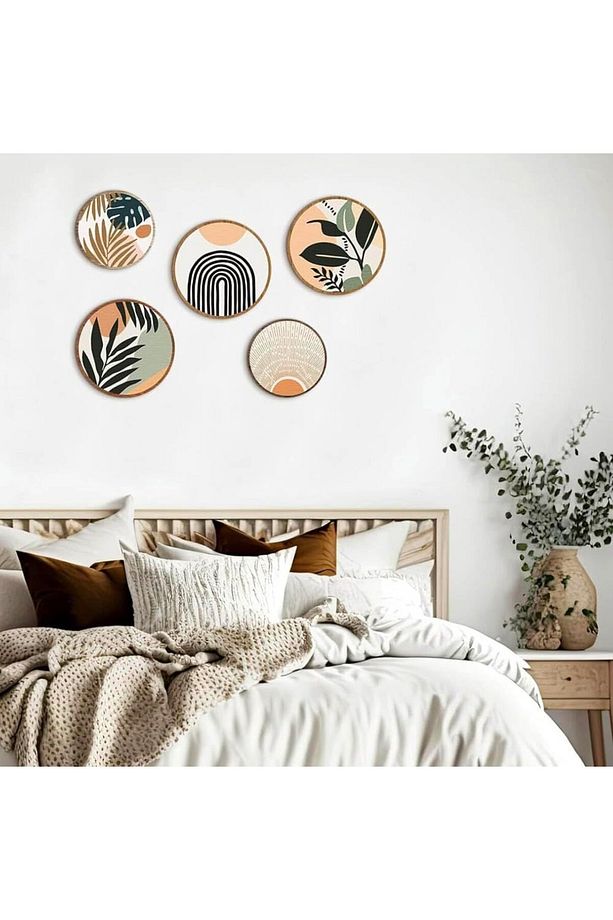 Dekoratif Çiçeçekler Mdf 5 Parça Çerçeve Görünümlü Daire Tablo Set - 4