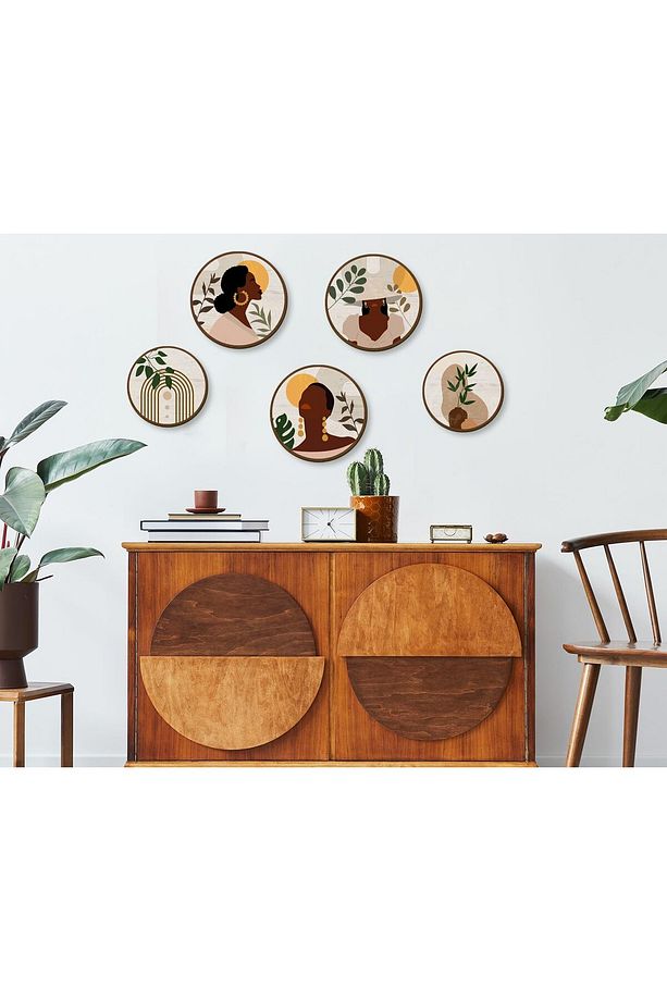 Dekoratif Çiçeçekler Mdf 5 Parça Çerçeve Görünümlü Daire Tablo Set - 1
