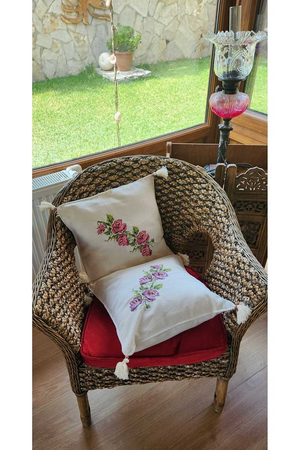 Kanaviçe İşlemeli Buldan İşi Kırlent Kılıfı 40cm x 40cm,Tek Kılıf,Mor Gül Desenli - 4