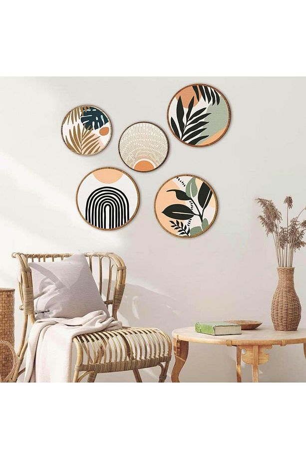 Dekoratif Çiçeçekler Mdf 5 Parça Çerçeve Görünümlü Daire Tablo Set - 1