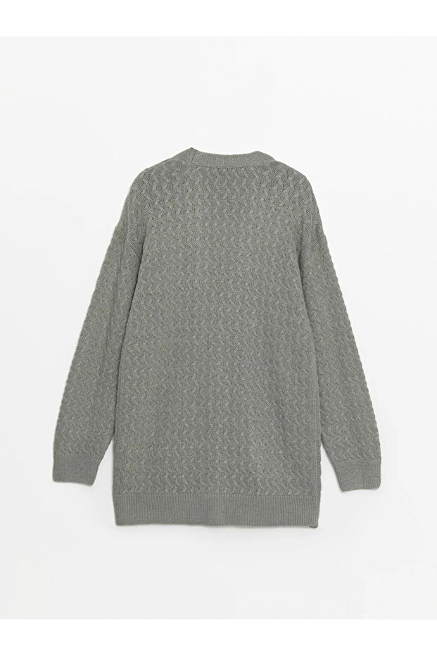 LCWAIKIKI Basic V Yaka Kendinden Desenli Uzun Kollu Kadın Triko Hırka - 7