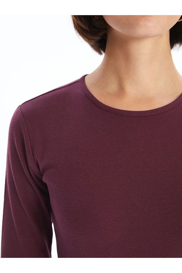 LCWAIKIKI Basic Mürdüm Bisiklet Yaka Düz Uzun Kollu Kadın Body - 3