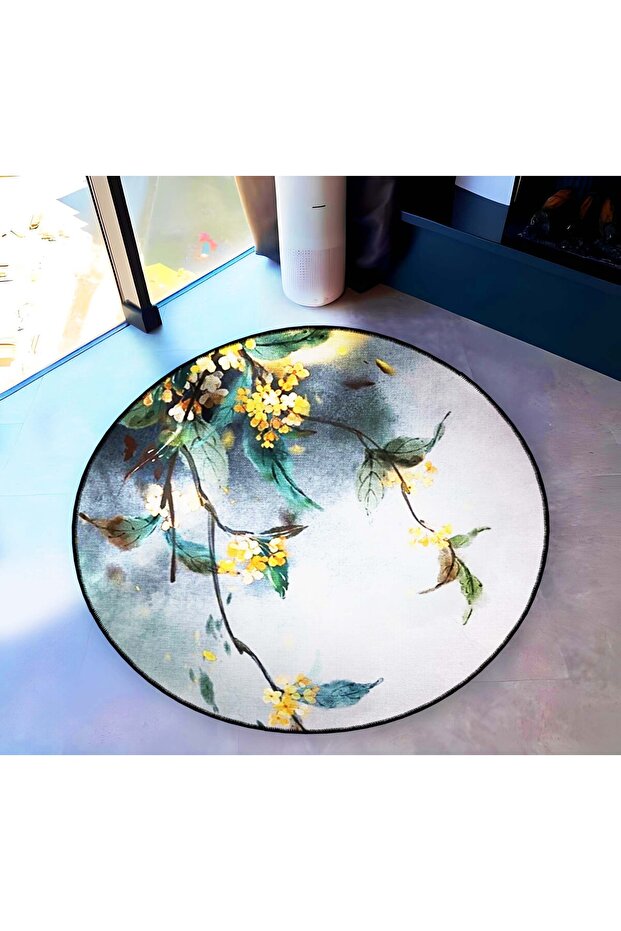 Gray Themed Flowers Patterned Round Woven Base Modern Decorative Carpet 6240
