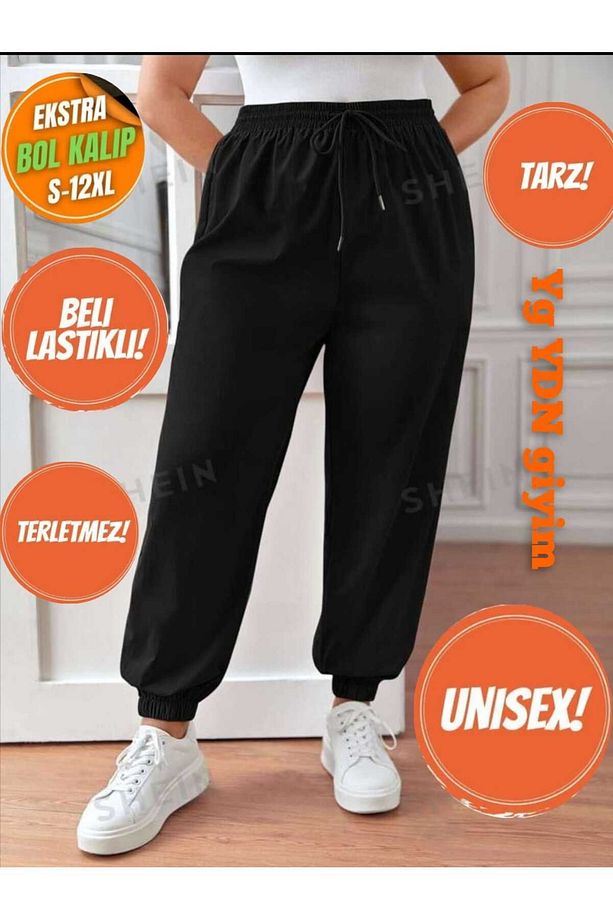 Unisex Siyah Yüksek Bel Joggers-jogger Eşofman-paça Lastikli - 1