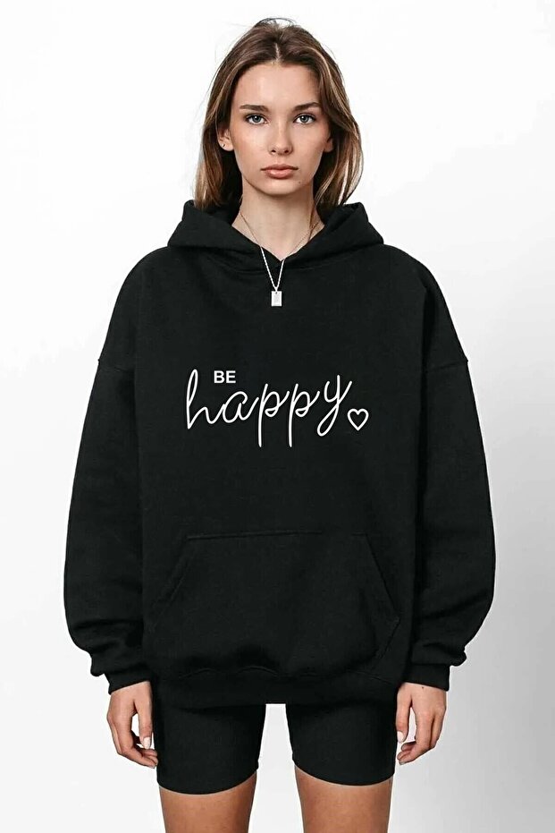 سويت شيرت بغطاء للرأس مطبوع عليه Be Happy