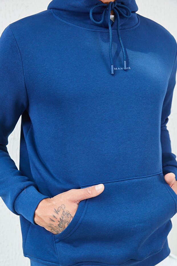Hooded Basic Minimal Printed Sweat Marine - 4