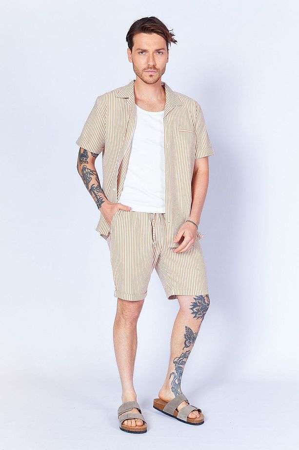 Gofre Çizgili Jogger Beli Lastikli Erkek Şort  | Camel MES650453-01 - 8