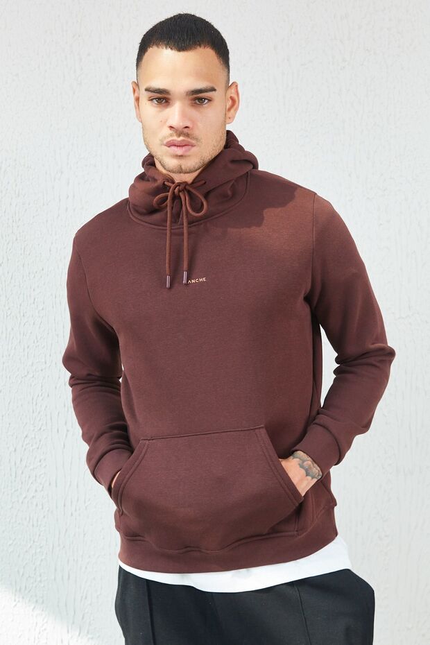 Kapüşonlu Basic Minimal Baskılı Sweat Kahve - 6