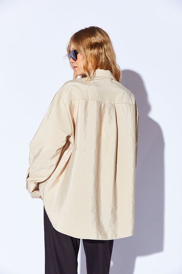 Bej Soft Yumuşak  Dokulu Modal Karışımlı Oversize Kadın Gömlek  | MKS169503-01 - 6