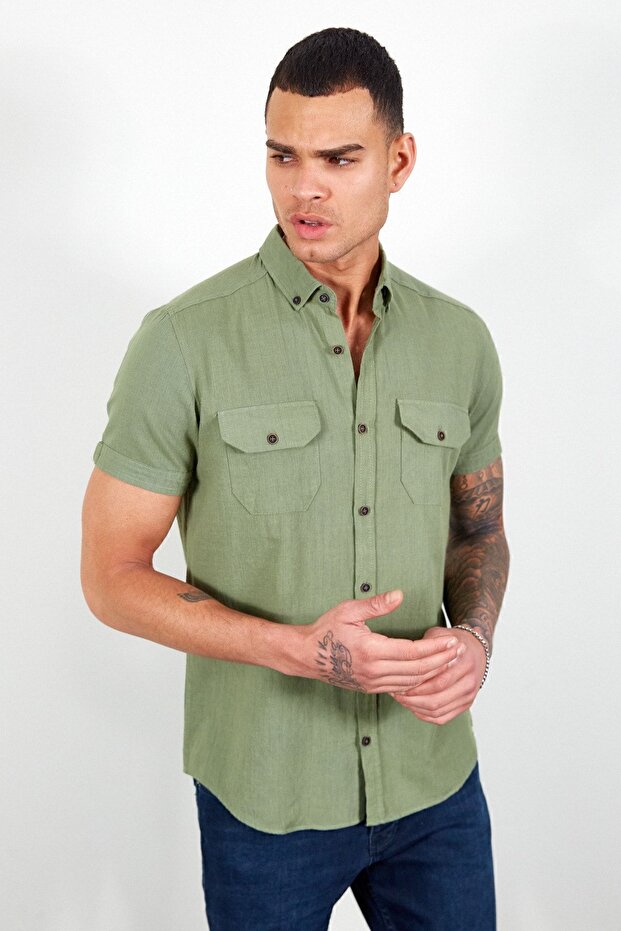 Khaki Linen Short Sleeve Double Pocket Flap Shirt