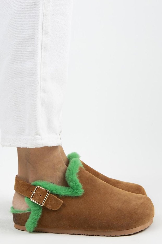 Holly Furry Women's Genuine Leather Furry Genuine Leather Belt Buckle Tan-Green Sandals