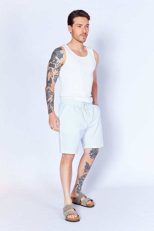 Gofre Çizgili Jogger Beli Lastikli Erkek Şort  | Mavi MES650453-01 - 8