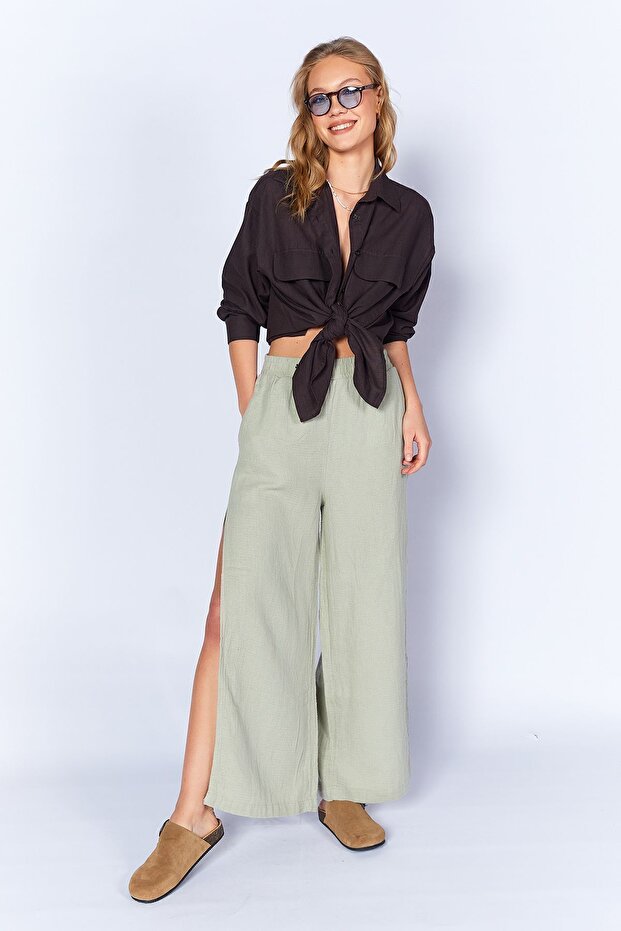 Olive Relaxed Fit Muslin Loose Slit Trousers| Mks667009-01