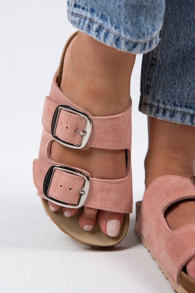 Irene Women's Genuine Leather Double Buckle Powder - Silver Slippers