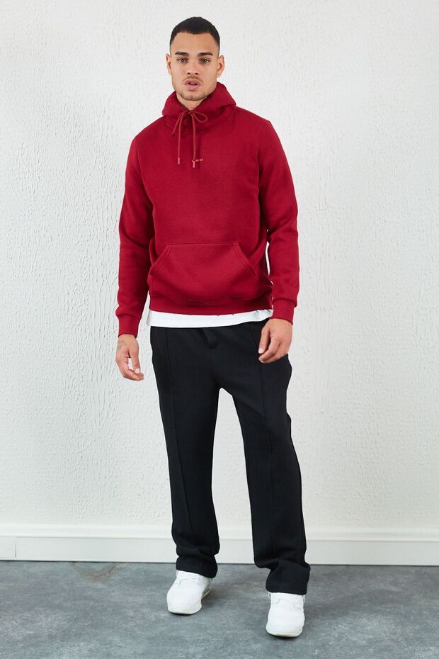 Kapüşonlu Basic Minimal Baskılı Sweat Bordo - 3