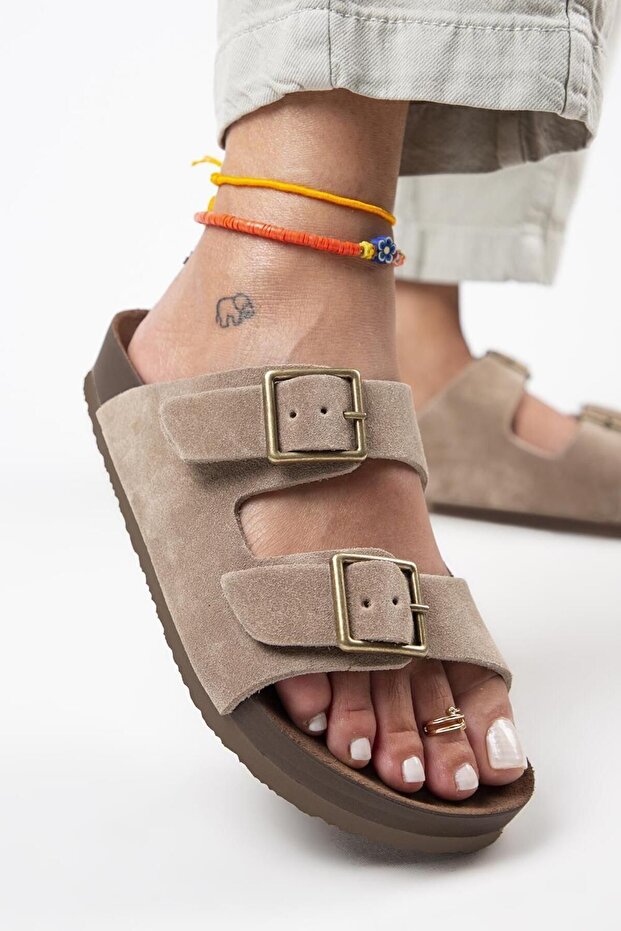 Anlelic Women's Genuine Leather Double Buckle Mink Slippers