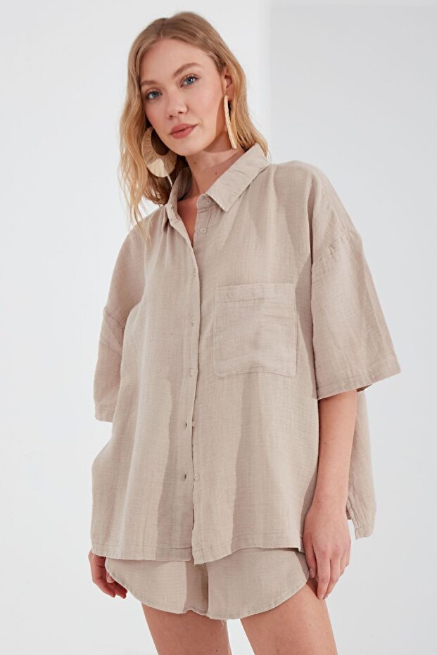 Oversize Muslin Women's Shirt - Stone MKS166965-01