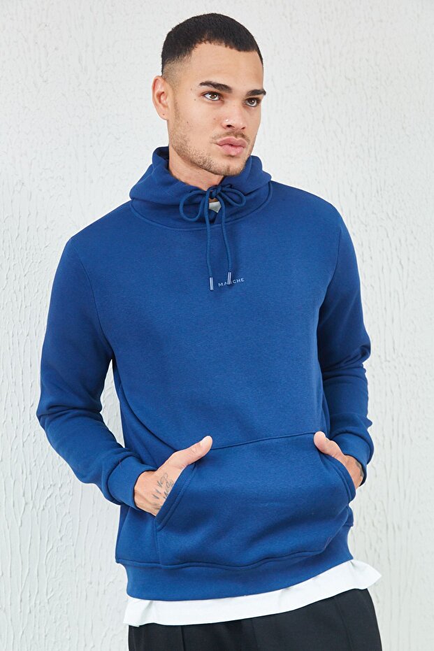 Hooded Basic Minimal Printed Sweat Marine - 7