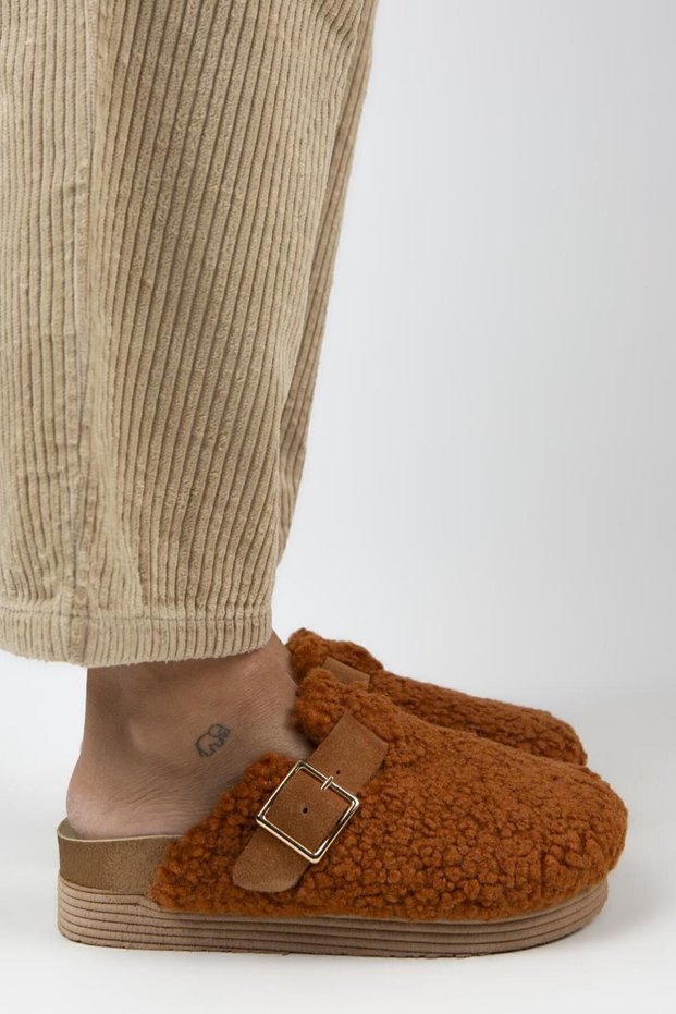 Juno Women's Textile Furry Genuine Leather Belted Buckle Tan Slippers