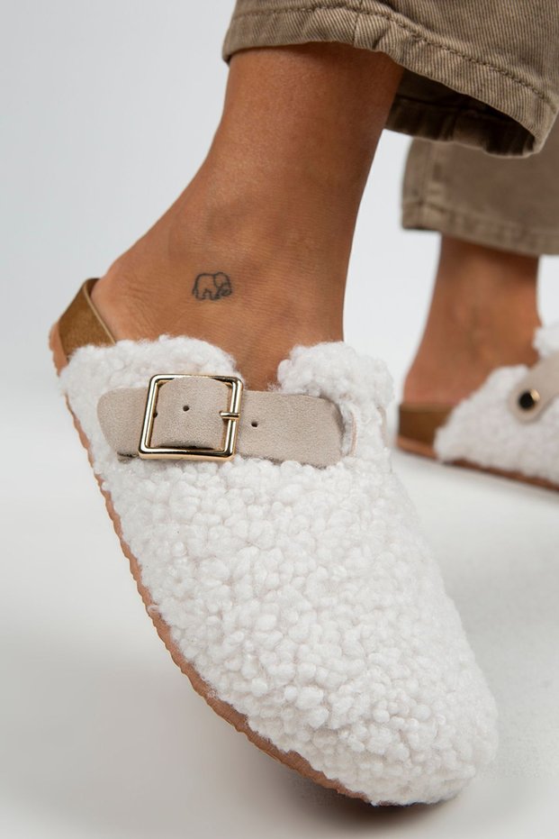 Suzen Women's Textile Furry Genuine Leather White - Beige Slippers with Belt and Buckle