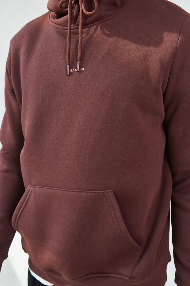 Kapüşonlu Basic Minimal Baskılı Sweat Kahve - 4
