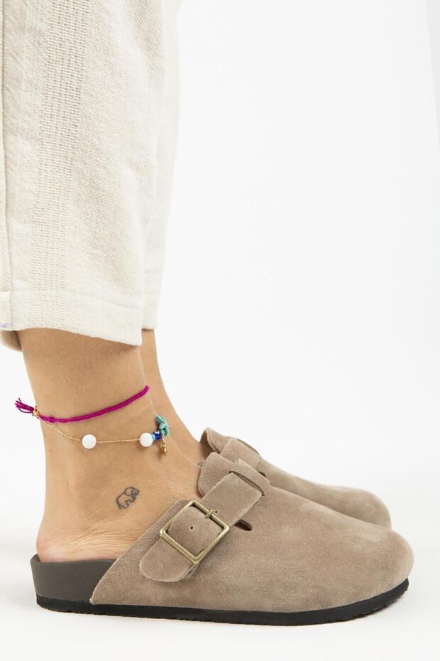 Zeta 2 Women's Genuine Leather Belted Buckle Sabo Mink Slippers