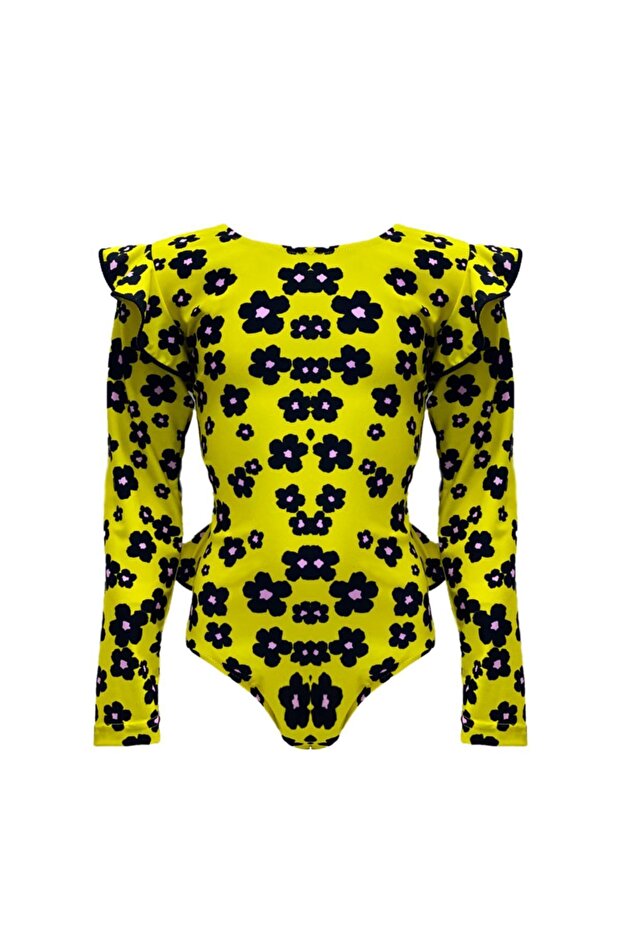 Crew Neck Daisy Patterned Ruffle Detailed Yellow 50Uv Long Sleeve Girls' Swimsuit by Nessi Byrd
