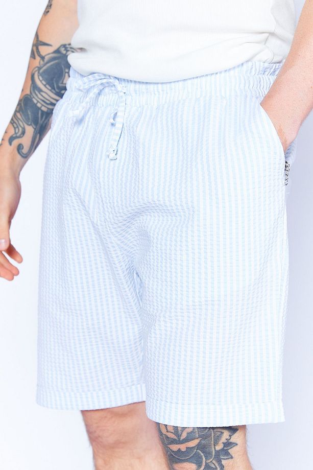 Gofre Çizgili Jogger Beli Lastikli Erkek Şort  | Mavi MES650453-01 - 5
