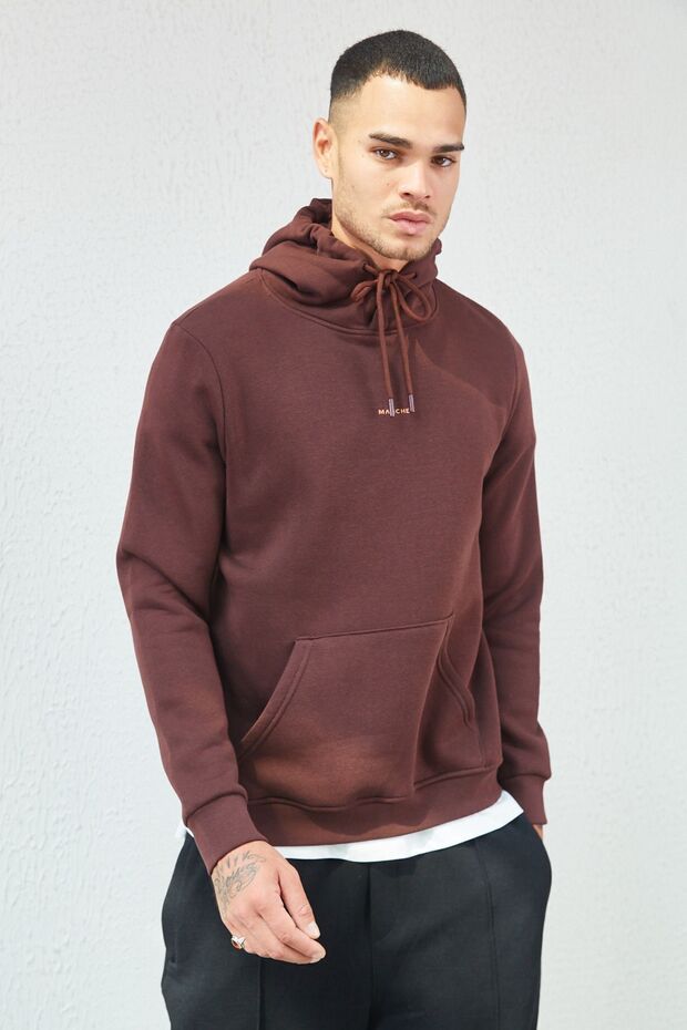 Kapüşonlu Basic Minimal Baskılı Sweat Kahve - 1