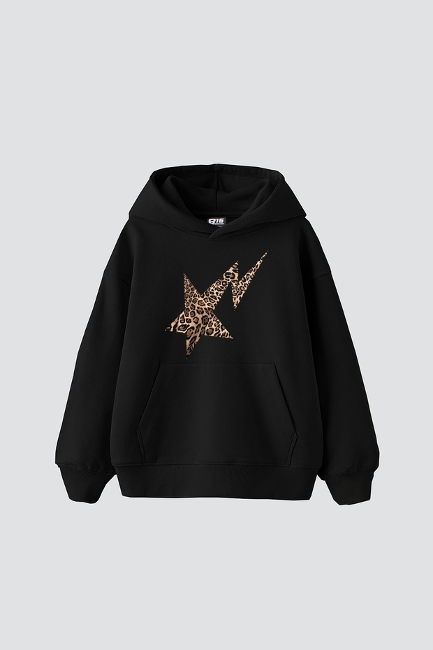 Unisex Premium Black Hoodie - Leopard Falling Star Printed, Oversize