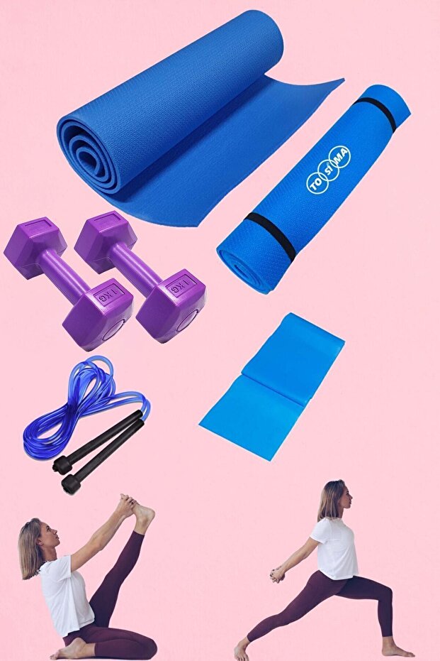 7mm Pilates Cushion, Pilates Rubber and 1 Kg Double Dumbbell and Jump Rope Premium Exercise Set