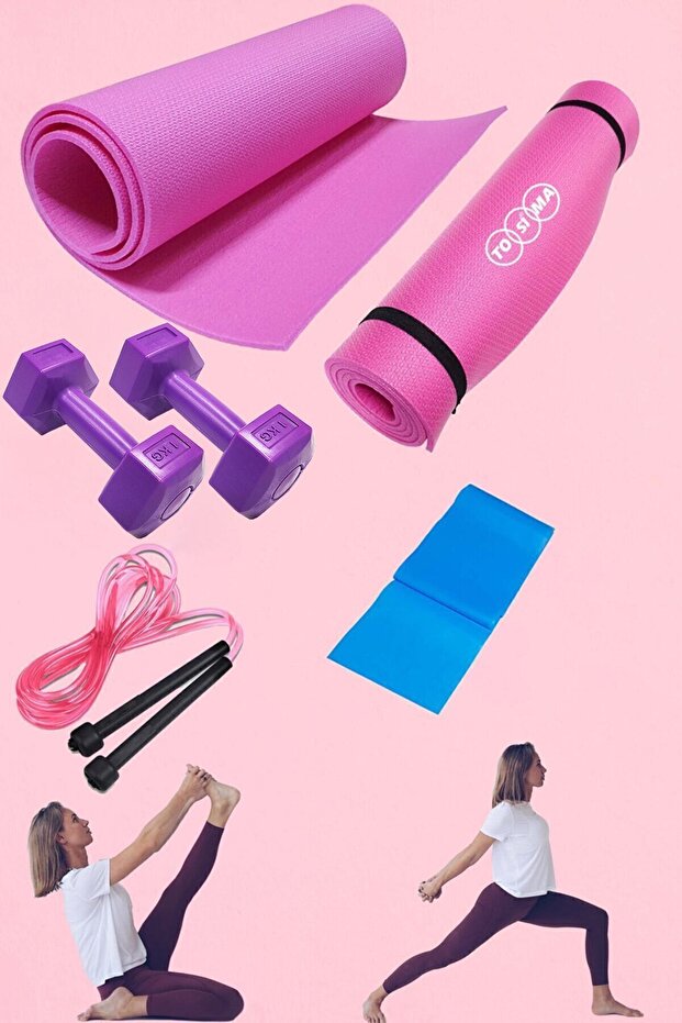 7mm Pilates Cushion, Pilates Rubber and 1 Kg Double Dumbbell and Jump Rope Premium Exercise Set