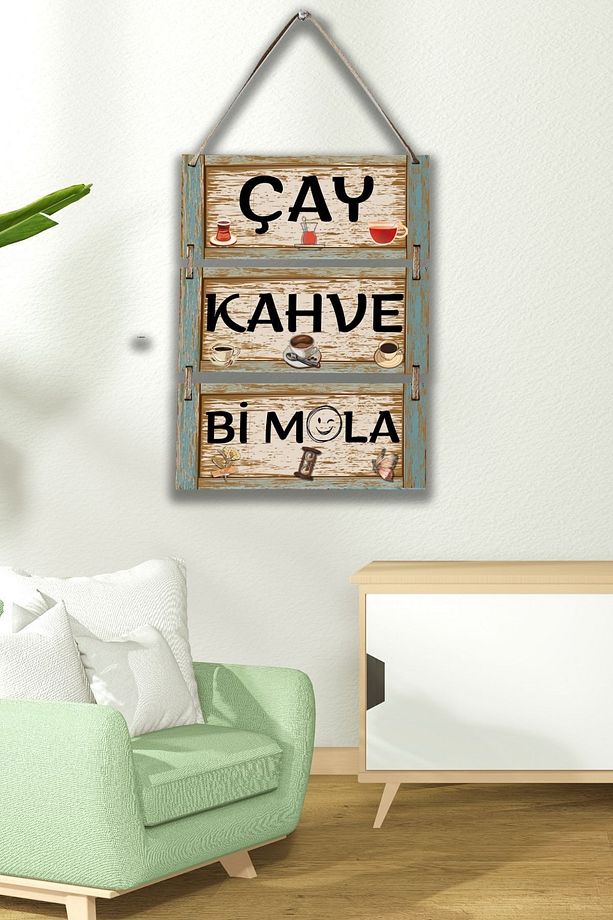Çay Kahve Mola 3'lü Ipli Mdf Tablo Seti, Ev, Mutfak Cafe, Restoran Ahşap Duvar Süslemesi - 3