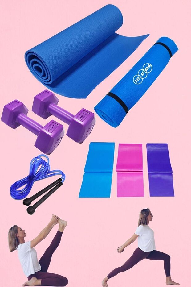 7mm Pilates Cushion 3-Piece Pilates Tire and 1 Kg Double Dumbbell and Jump Rope Premium Exercise Set