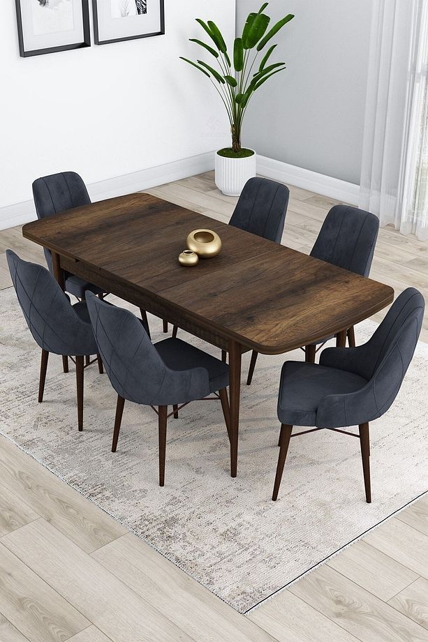 Kar Serisi Barok Ahşap Desen 80x132 Açılabilir Mdf Mutfak Masası Takımı 6 Antrasit Sandalye - 2